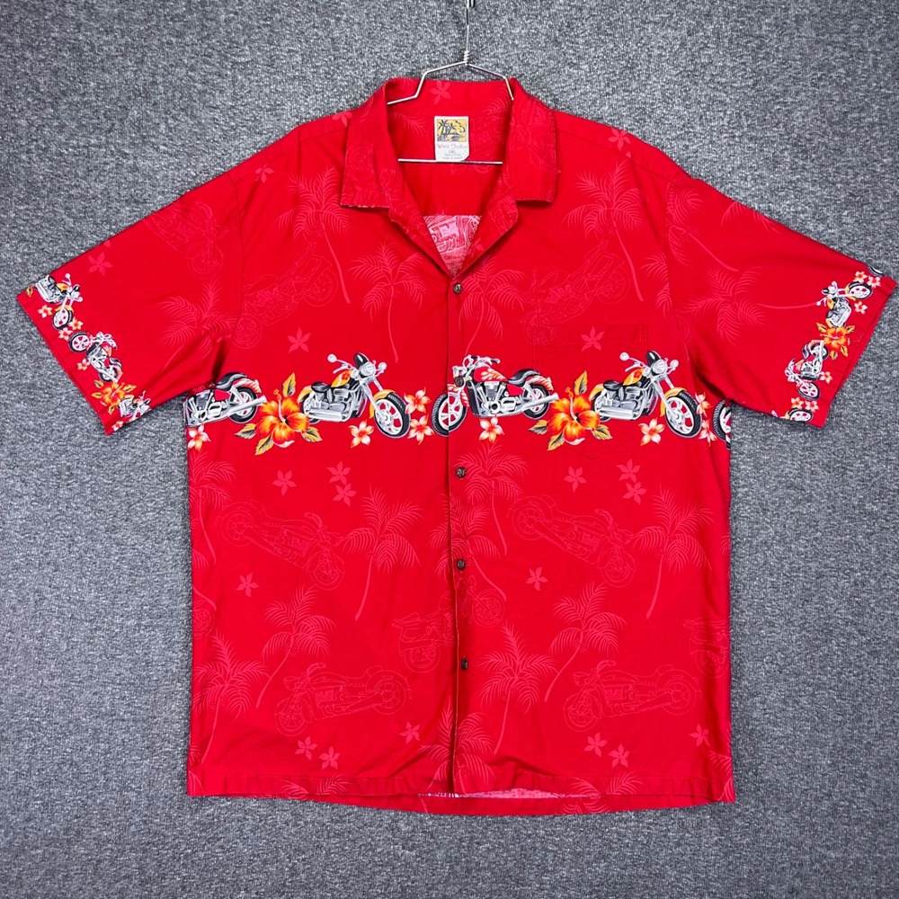 Winnie Fashion Motorcycle Shirt Mens 2XL Red Aloha Biker Hawaii Cotton Button Up